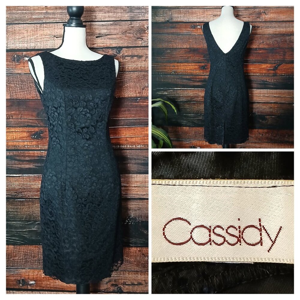 Cassidy Vintage Sheath Dress 8 Black Lace Low Back Zip Lined Made in USA